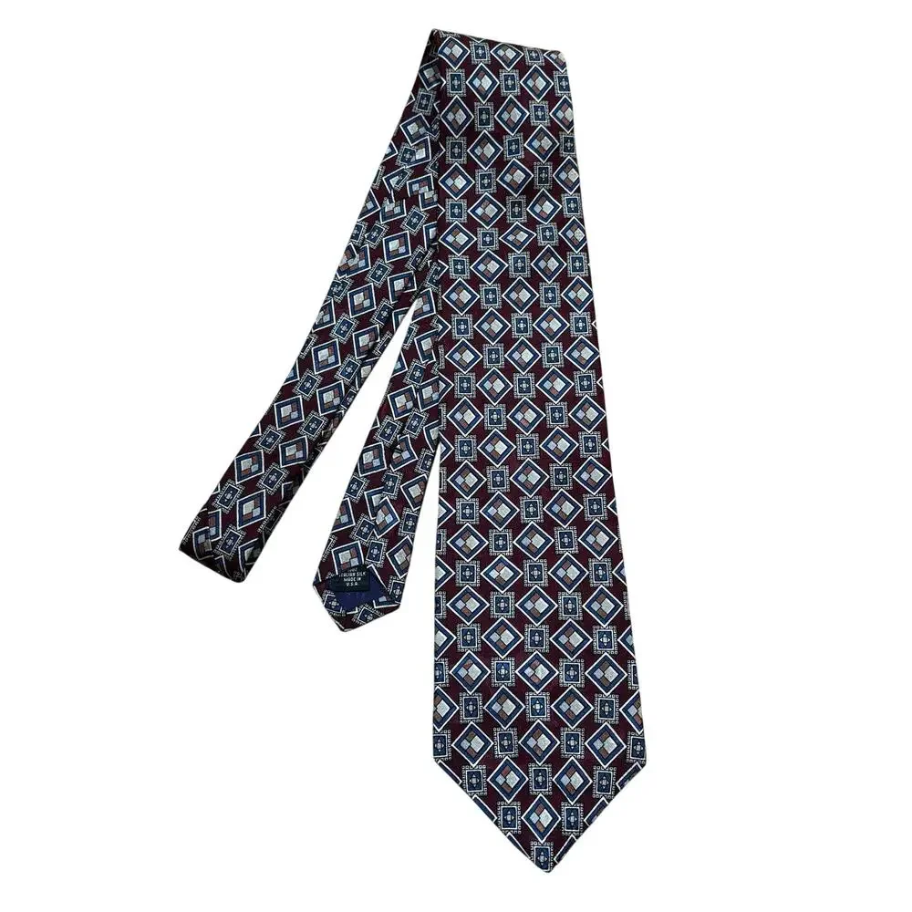 Liberty of London Italian silk neck tie dark red blue & gray geometric pattern